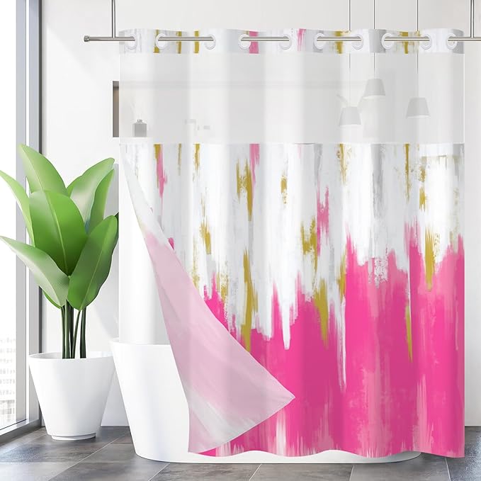No Hook Shower Curtain with Snap in Liner, Hotel Style Hot Pink White Gold Brush Strokes Art Modern Shower Curtain Waterpoof Washable with See Through Top Window,71"x86"