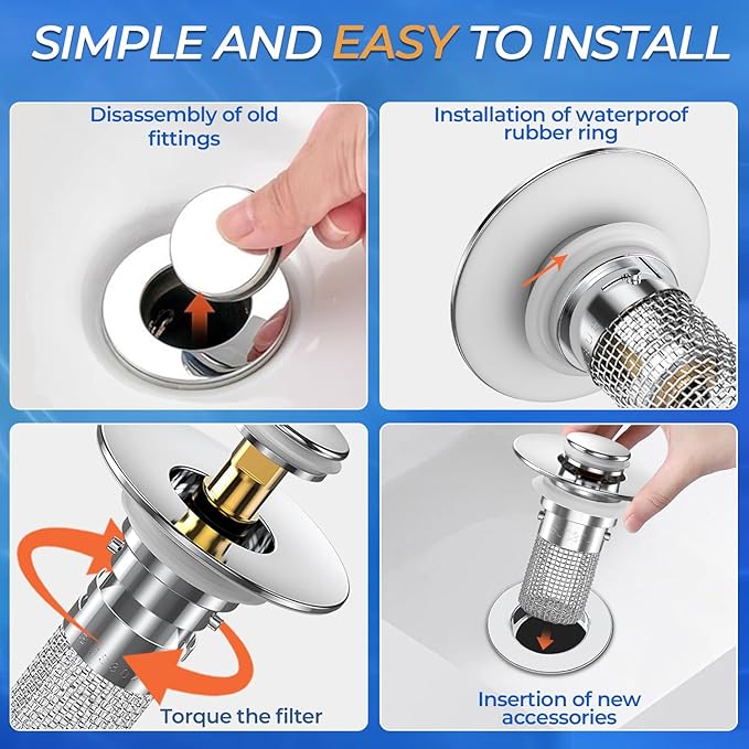 Sink Stopper Hair Catcher, Pop-up Sink Drain Strainer with Removable Stainless Steel Strainer Basket Hair Catcher, Bathroom Sink Strainer for Bathroom Sink Stopper Replacement (3PCS)