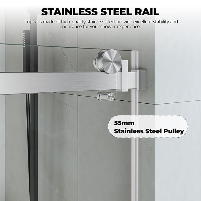 44-48" W x 76" H Frameless Sliding Shower Door - 5/16" (8mm) Clear Tempered Glass, Waterproof, Brushed Nickel Bathroom Door with Easy Installation