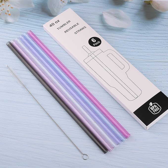 Joshey 12 Inch Tritan Replacement Straws for Stanley 40oz Tumbler - 6 Pack Reusable Long Straws with Cleaning Brush, Fits 30oz & 40oz Stanley Cup Accessories, BPA-Free (5 Colors)