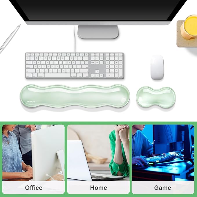 MOSISO Gel Keyboard Wrist Rest&Wrist Support for Mouse, Ergonomic Wrist Pad Soft Cooling Gel Pain Relief Easy Typing Pad Non-Slip Computer Laptop Wave Shaped Home/Office Wrist Cushion, Mint Green