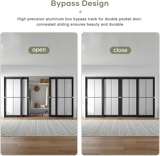 EaseLife 12FT/144in Bypass Double Sliding Pocket Door Hardware Kit,Commercial Grade,Aluminum,Bypassing Wardrobe Closet Door Track for 4 Door System,Slide Smoothly Quietly,Easy Install,No Door