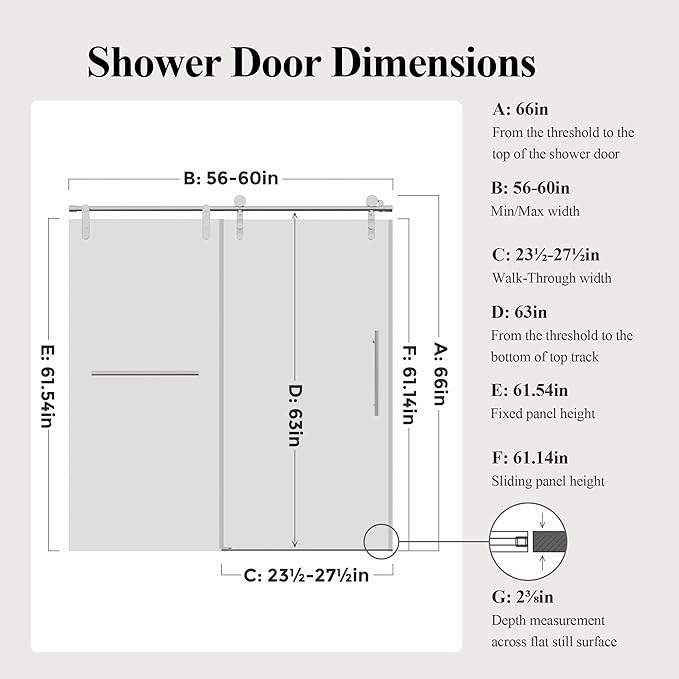 56-60" W x 66" H Frameless Bathtub Shower Door, Bathroom Single Sliding Tub Shower Glass Doors with 5/16" (8mm) SGCC Tempered Glass, Stainless Steel Handle and Heavy Duty Frame, Chrome