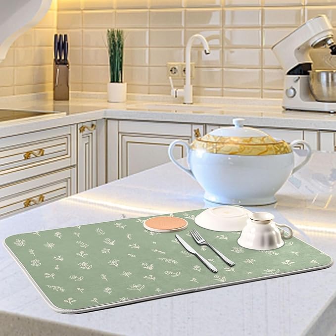 Sage Green Dish Drying Mat Quick Absorbent 16x18 Doodled Botany Flowers Leaves Herbs Plants Kitchen Drying Mat for Countertop Sink Reusable Dishes Mats Kitchen Essentials