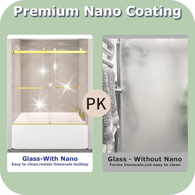 55"-60" W x 60" H Frameless Bathtub Shower Door, Double Sliding Shower Door,5/16"(8mm) Clear Tempered Glass,Easy Sliding Tub Shower Door with Explosion-Proof Film (Brushed Gold 60" Wx60 H)
