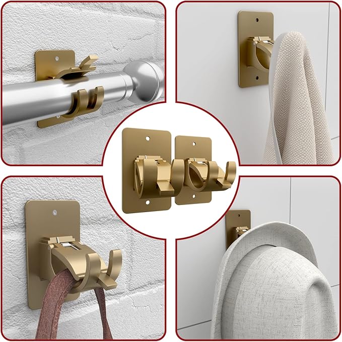 4 Pieces Self Adhesive Curtain Rod Bracket Universal Plastic Curtain Rod Holders, No Drill Curtain Rod Brackets Curtain Rod Hooks for Bathroom, Bedroom, Livingroom, Kitchen (Gold)