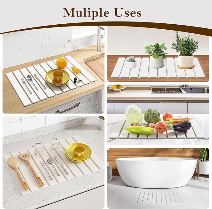 Large Stone Dish Drying Mats for Kitchen Counter,23.6“x 15.3”,Eco-Friendly,Foldable quick dry stone mat kitchen,Absorbent Diatomaceous Earth Mats for Dishes Bottles Cups Bathroom Any Countertop-white