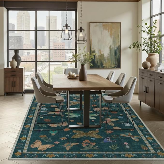 5x7 Washable Area Rugs for Bedroom & Living Room - Insect Rug,Floral Colorful Boho Vintage Rug,Soft & Non-Slip,Low Pile Wool Carpet for Indoor Dining Room,Girls Room,Nursery Room and Kids Room(Teal)