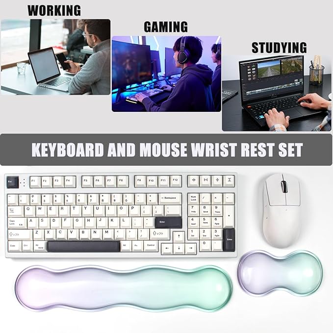 Gel Keyboard and Mouse Wrist Rest Set – Clear Wrist Rest for Computer Keyboard 60%/68%/75%, Comfort & Support for Typing and Gaming(Purple Green)
