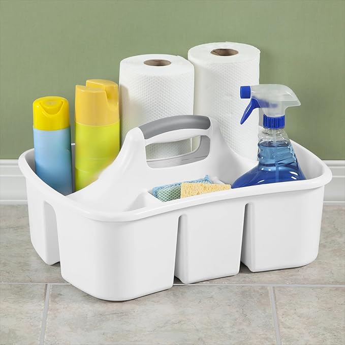 Large Divided Cleaning Caddy with 4 Compartments & Handle, 17.75" Plastic Utility Tote for Cleaning Supplies Under Sink, Bathroom & Garage Organization, White