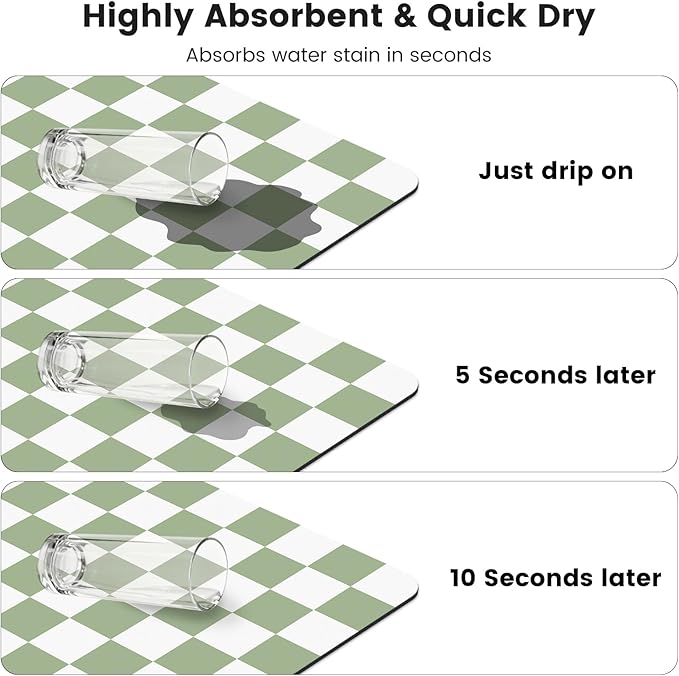 16" x 24" Checkered Dish Drying Mat for Kitchen Counter, Absorbent Coffee Bar Mat for Espresso Machine Coffee Countertops Accessories (Green)