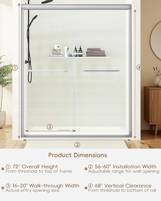 Shower Door 56-60'' W x 72'' H Semi-Frameless & Double Sliding, 1/4 inch (6mm) Thickness Clear Tempered Glass for Walk-in Shower,Brushed Nickel