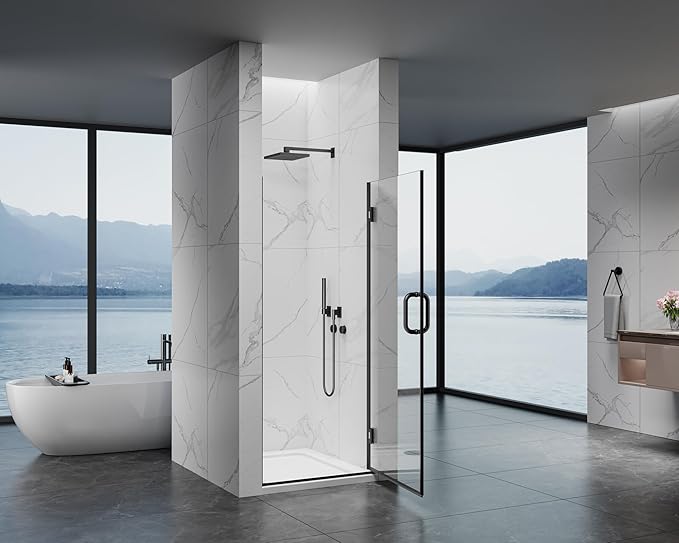 Framelss Hinged Shower Door, 36" W x 76" H Single Swing Pivot Shower Door, 3/8" (10mm) Tempered Glass with Nano Coating, Stainless Steel Handle, Glass Door for Walk-in Shower - Matte Black