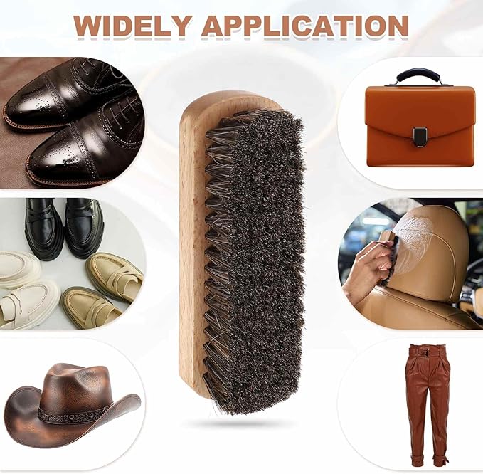 HARFINGTON Shoe Cleaning Brush 6"x2" Beech Wood Horsehair Boot Polish Brushes for Leather Shoes Boots Cloth Cleaner, Brown Wood