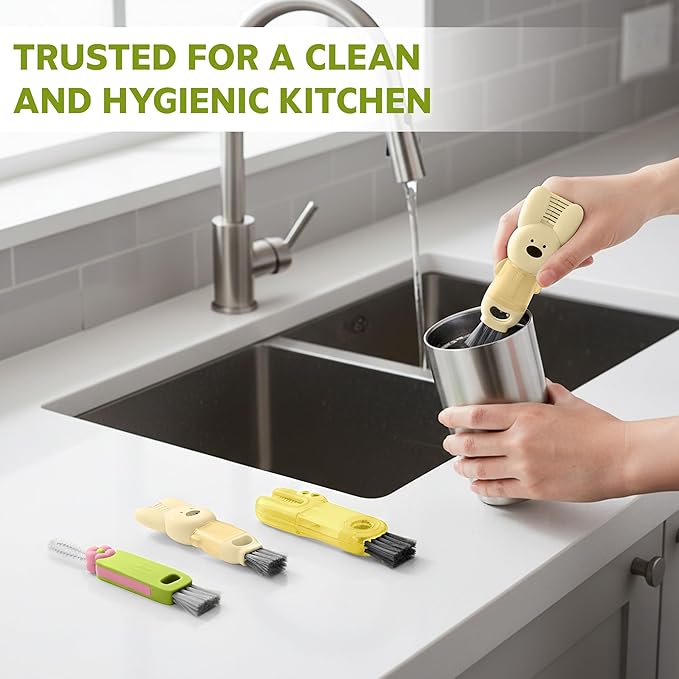 Cup Lid Cleaning Brush, 3 in 1 Lid Cleaner for Tumblers and Water Bottles, Gap Cleaning Brush with Straw Hole Detail Tool, Multifunctional Brush for Daily Use (Yellow Green)
