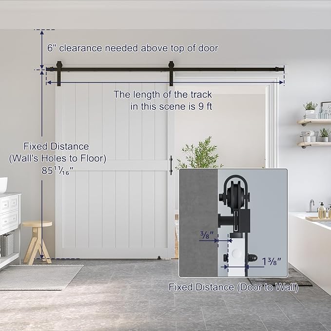 SmartStandard 54 x 84 inch White Sliding MDF Barn Door with 9FT Black Sliding Door Hardware Kit & Handle, Pre-Drilled Ready to Assemble, Waterproof PVC Coating, H-Frame