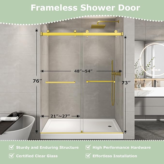 49"- 54" W x 76" H Frameless Shower Door, Double Sliding Shower Door,5/16"(8mm) Clear Tempered Glass,Easy Sliding Shower Door with Explosion-Proof Film (Brushed Gold 54" Wx76 H)