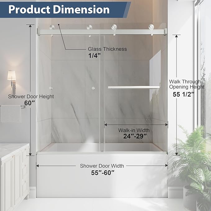 Frameless Bathtub Shower Door, 55-60" W x 60" H Double Sliding Tub Shower Door, 1/4''(6mm) SGCC Tempered Glass with Explosion-Proof Film Nano Coating, Brushed Nickle