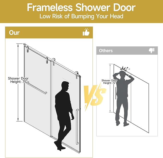 56-60" W x 75" H Shower Glass Door, Frameless Sliding Shower Door, 5/16"(8mm) Tempered Glass Shower Doors for Walk in Shower with Explosion-Proof Film, Brushed Gold Stainless Steel Hardware
