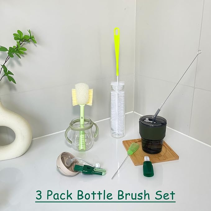 Water Bottle Brush with 5-in-1 Multi-Function, Baby Bottle Brush for Cleaning Nipple/Cup Lid Gap, Straw Bottle Cleaner, 15.1" Long Handle for Narrow Bottleneck Decanter, 3 Pack Set