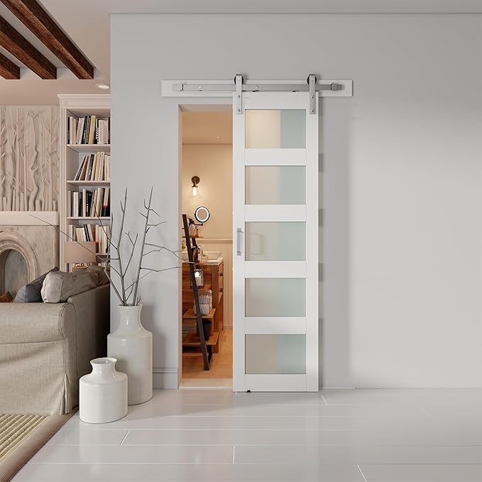 26'' x 84'' Glass Barn Door and 5 Ft Brushed Nickel Hardware Kit Included, MDF White Barn Door Slab with Frosted Glass, PVC Surface, Combined with Handle and Floor Guide-Assembly Required