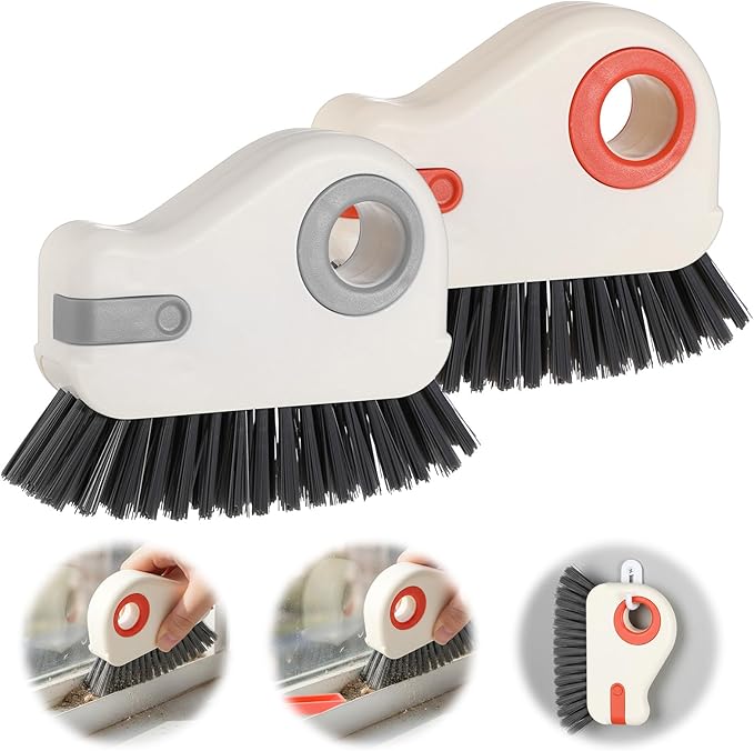 2Pcs 2 in 1 Groove Cleaning Brush, Hard Bristle Window Track Cleaning Tools, Multifunction Window Track Cleaner with Hidden Scraper, Crevice Brush for Sliding Door Sill Shutter Vents Household