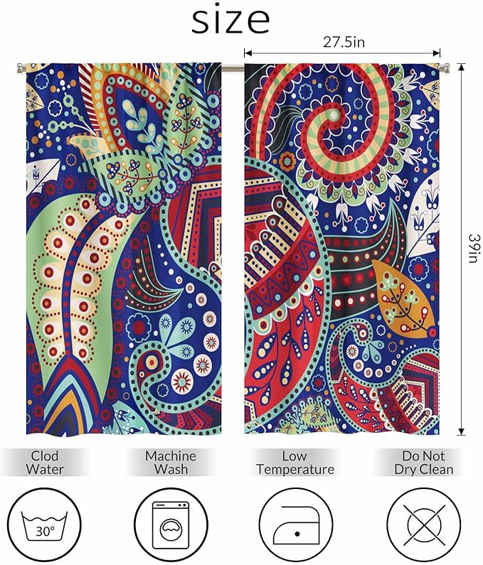 Ethnic Pattern Kitchen Curtains Paisley Lndia Abstract Floral Exotic Ornate Flourish Artistic Short Tier Curtains for Bathroom Cafe Small Window Drapes Treatment 2 Panels (27.5x39 Inch)