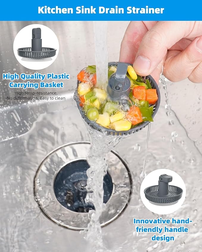 Hibbent 2 Pack 3 in 1 Kitchen Sink Drain Strainer and Stopper Combo, Chrome Stainless Steel Wraped Shell, 6 Anti-Clogging Basket Strainer with Foldable Handle for US Standard 3-1/2" Drain