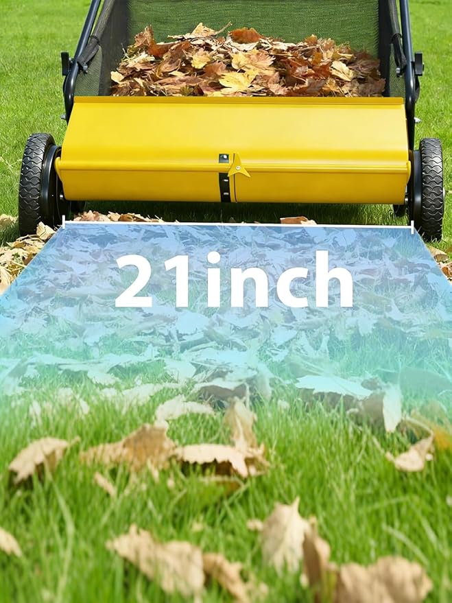 Push Lawn Sweeper,21-Inch Width Enhanced 4-Brush System, 3.5 ft Capacity Heavy Duty Steel Frame, Ideal for Yard and Garden Clean up,Yellow