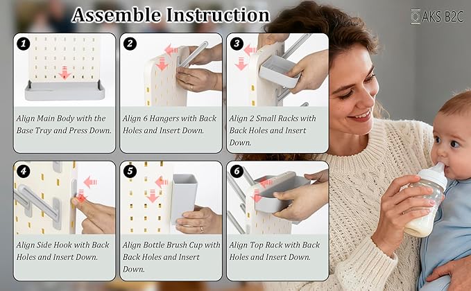 Baby Bottle Drying Rack Space Saving Countertop Vertical Rack with Brushes Holder (Gray)