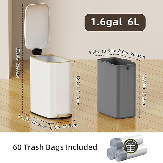 Small Bathroom Trash Can with Lid Soft Close, Step Pedal, 6L / 1.6 Gal Stainless Steel Garbage Bin with Removable Inner Bucket, Slim Wastebasket for Narrow Spaces (White)