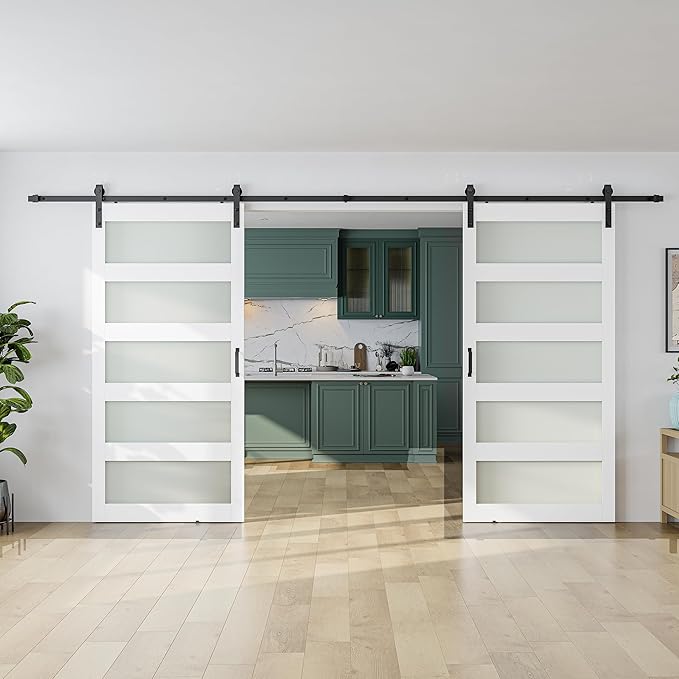 SmartStandard 84 x 84 in (Double 42×84 Door) Glass Barn Door with 14FT Sliding Hardware Kit & Handle, Pre-Drilled Ready to Assemble, Waterproof PVC Coating, 5-Panel Glass, White