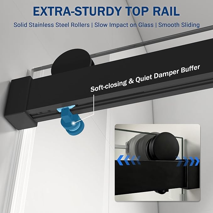 Abruzzo 76" Frameless Shower Door Single Sliding - 1/4" Tempered Glass Soft Close, Matte Black, Adjustable 56-60" Width