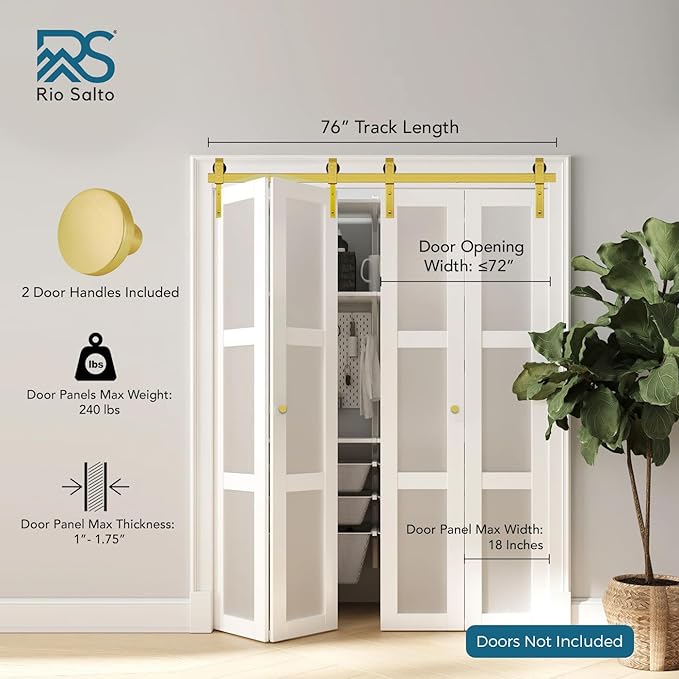Rio Salto Gold Bifold Sliding Barn Door Hardware Kit Heavy Duty Metal Track System with Matching Knobs Gold Bi-Fold Barn Door Bifold Closet Doors, Bi-Folding 76" Track for 4 Doors, 4 Rollers, No Door