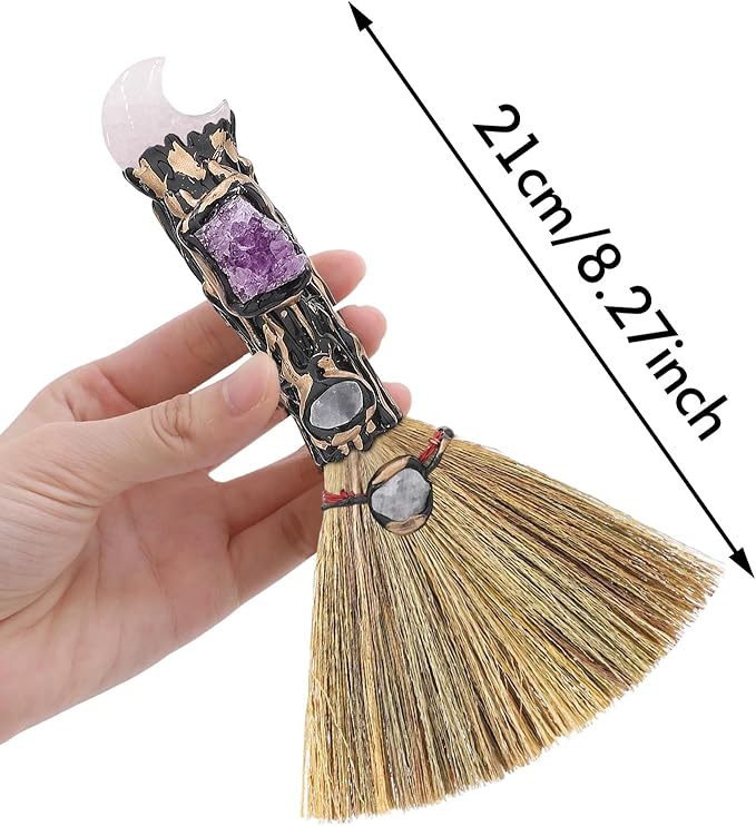 Rose Quartz Witch Broom - Witchcraft Supplies Mini Witches Broomstick with Amethyst Clusters Altar Supplies with Natural Healing Crystals Wiccan Supplies Meditation Therapy Decor