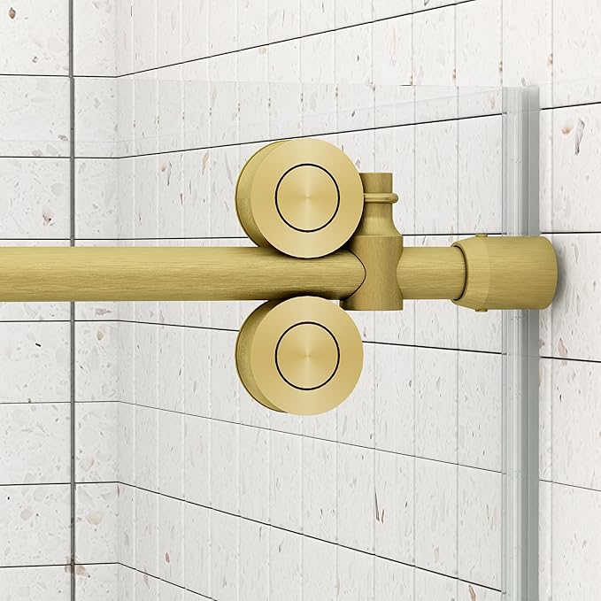 Sunrosa Frameless Shower Door, 51-55" W x 76" H Sliding Shower Door with Handle, Glass Shower Door with 5/16" (8mm) Clear SGCC Tempered Glass, Brushed Gold