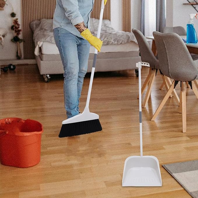 Broom and Dustpan Set for Home - 35.43In Long Handle Soft Broom with Upright Dustpan Combo for Indoor Floor Cleaning Kitchen Office Use Heavy Duty Sweeping Tool