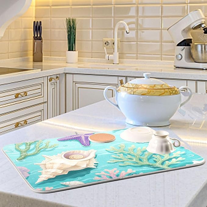 Coral Sea Shells Stars Pattern Dish Drying Mat for Kitchen Counter Super Absorbent Drying Mat 16x18 inch Large Dish Drying Matts for Countertop Protector Dishes Pad
