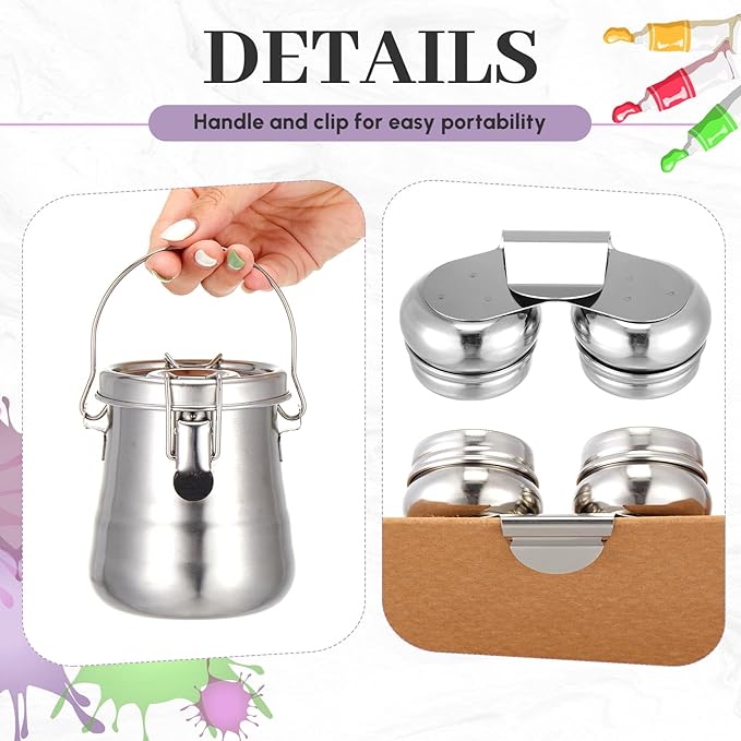2 Pcs Paint Brush Cleaner Set Stainless Steel Double Dipper Palette Cup Paint Brush Portable Washer Holder for Oil Cleaner Kits(Drum Shape,Medium)