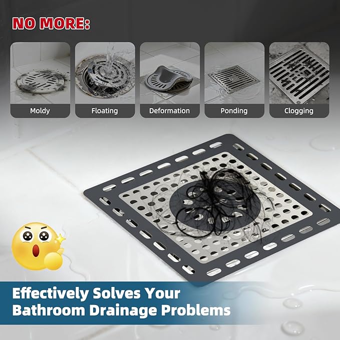Hibbent Upgraded Shower Drain Hair Catcher for Bathroom Floor 4" Drain, Anti-Clogging Shower Drain Cover, Stainless Steel & Silicone Drain Strainer with Handle, Shower Drain Protector, Dark Grey