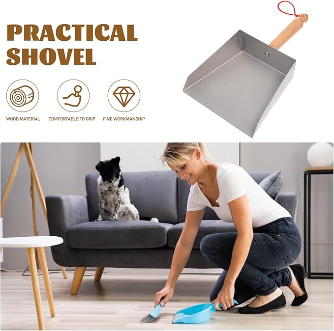 Tofficu Stainless Steel Dustpan with Wood Handle Mini Metal Dust Pan 8.66 X 5.51 Inches Compact Handheld Sweeping Tool for Household and Industrial Cleaning