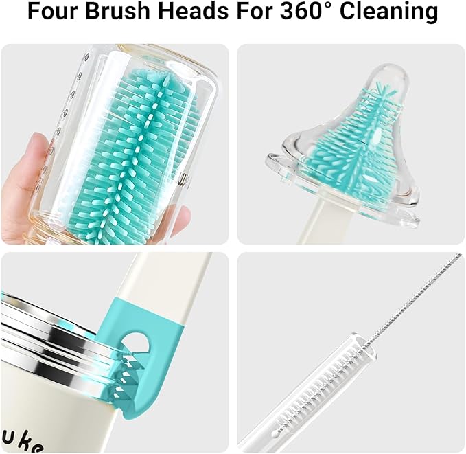 Baby Bottle Brush Cleaner Set - 10 in 1 Travel Bottle Cleaning Brush Kit with Silicone Bottle Brush, Nipple Brush, Soap Dispenser, Portable Drying Rack, Breast Pump & Bottle Cleaning Kit - Lake Green