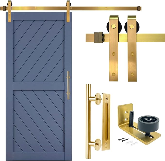 Rio Salto Gold Barn Door Hardware Kit Adjustable Length Sliding Door Hardware Modern Barn Interior Brushed Brass Panel Hardware (Hardware Kit Plus, 9 Feet - Single Door)
