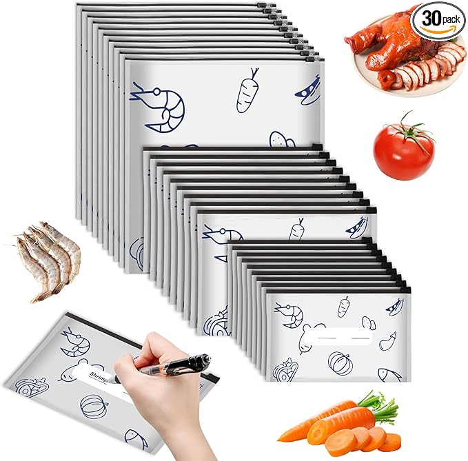 30 PCS Reusable Aluminum Foil Sealable Storage Bags, 2026 New Resealable Vacuum Zipper Pouches, Stand Up Foil Sealable Bags with Label and Zip Lock for Vegetable Fruit Meat