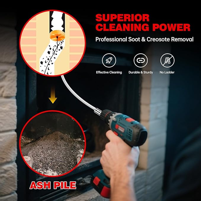 33 Feet Chimney Sweep Kit, Chrome Button Locking System, Chimney Cleaning Kit, Chimney Brush, Chimney Cleaning System with 10 Flexible Chimney Rods