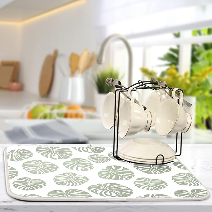 Green Palm Monstera Leaves Dish Drying Mat for Kitchen Counter Absorbent Microfiber Drying Pad, Medium 16x18 in