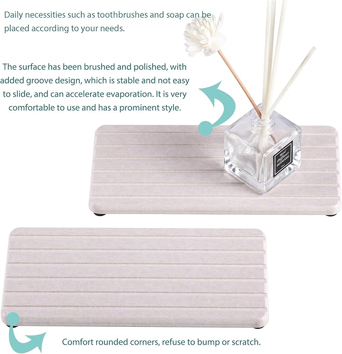 2 PCS Water Absorbent diatomite Coasters, 8.3" x 4" Water Absorbing Stone Tray for Sink, Stone Drying mat for Kitchen Counter, Stone soap Tray Used for Hand Soaps & toiletries & Plants