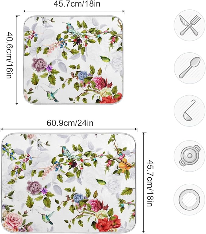Tarity Rose Peony Poppy Hummingbirds Dish Drying Mat for Kitchen Counter Absorbent Heat Resistant Microfiber Dishes Drainer Mat 18x24 in Large Dish Pad Sink Mat Protective Pad Kitchen Decor