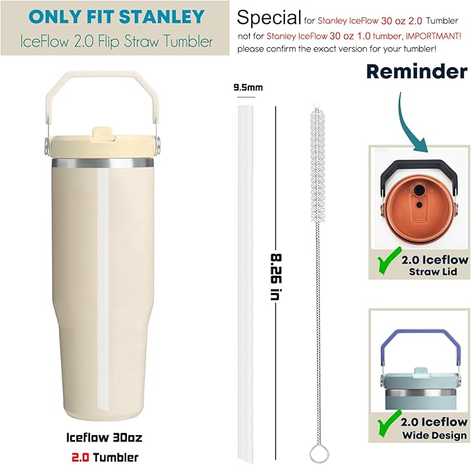 ALINK Reusable Clear Straws for Stanley IceFlow 2.0 Flip Straw Tumbler 30 oz, 6 Pack Plastic Replacement Straws Compatible with 30oz 2.0 IceFlow Cup with Brush, Angled Design, Dishwasher Safe