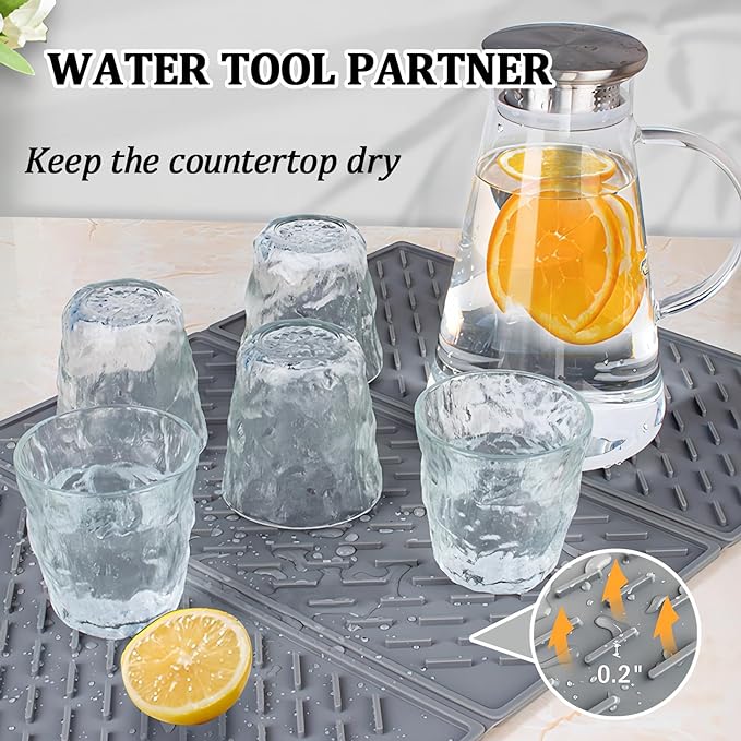Silicone Dish Drying Mat for Kitchen Counter, Collapsible Trifold Large Dish Drainer Mat, Drying Mat with Hook, 24x16In Non-Slip Silicone Sink Mat, Easy to Clean